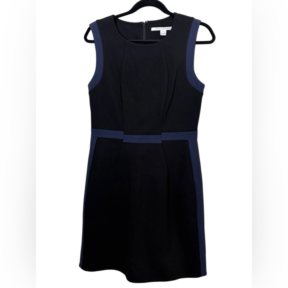 Diane Von Furstenberg Black Navy Ponte Knit Sleeveless A-Line Mini Dress sz 10